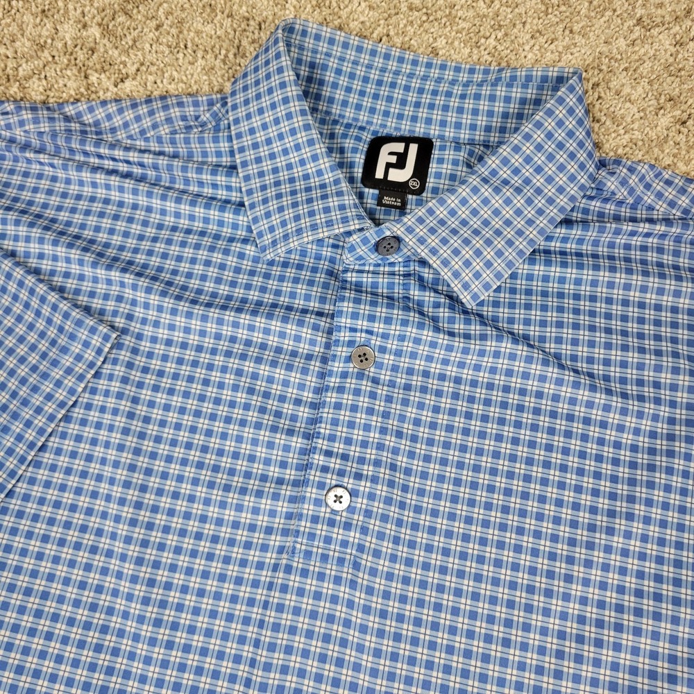 FootJoy Mens 2XL Blue Plaid Check Performance Stretch Golf Polo Short Sleeve